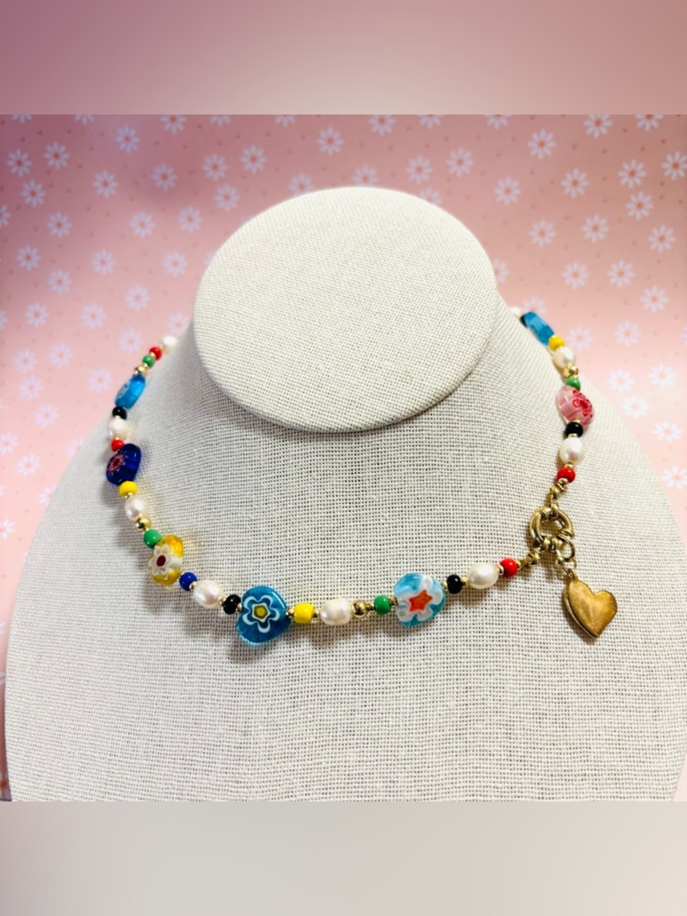 Freshwater Pearl Millefiori Glass Colorful Beaded Necklace